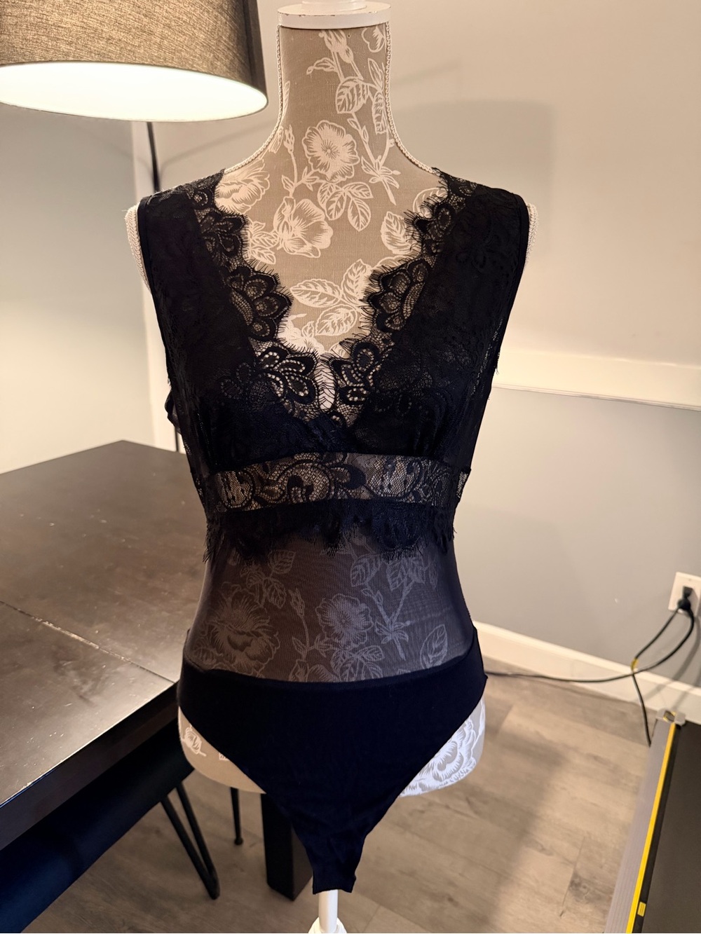 Black Lace Sheer V-Neck Bodysuit XL